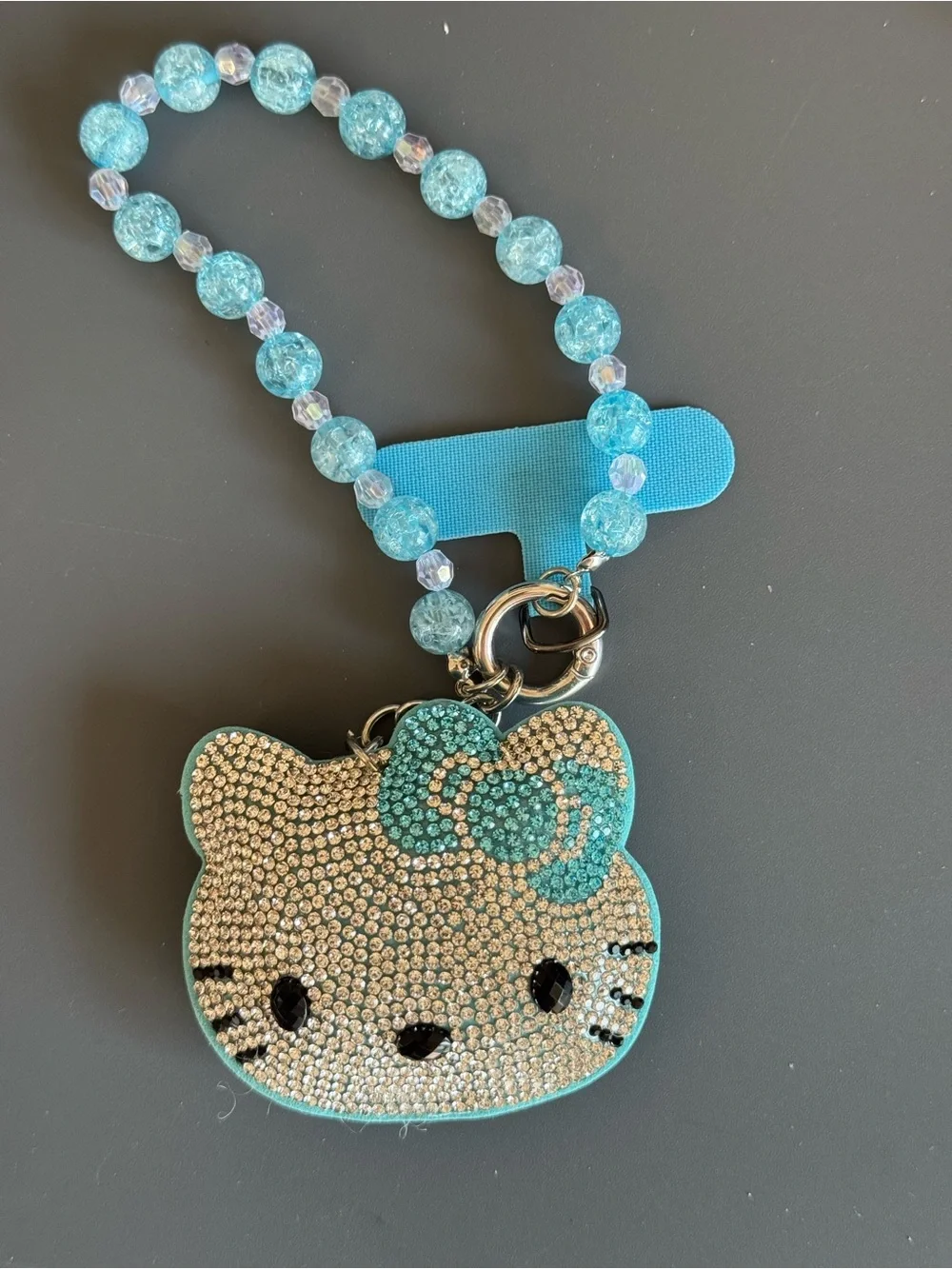 Rhinestone HK Kitty Cartoon Face Phone Charm Wristlet Strap - Light Blue NWOT